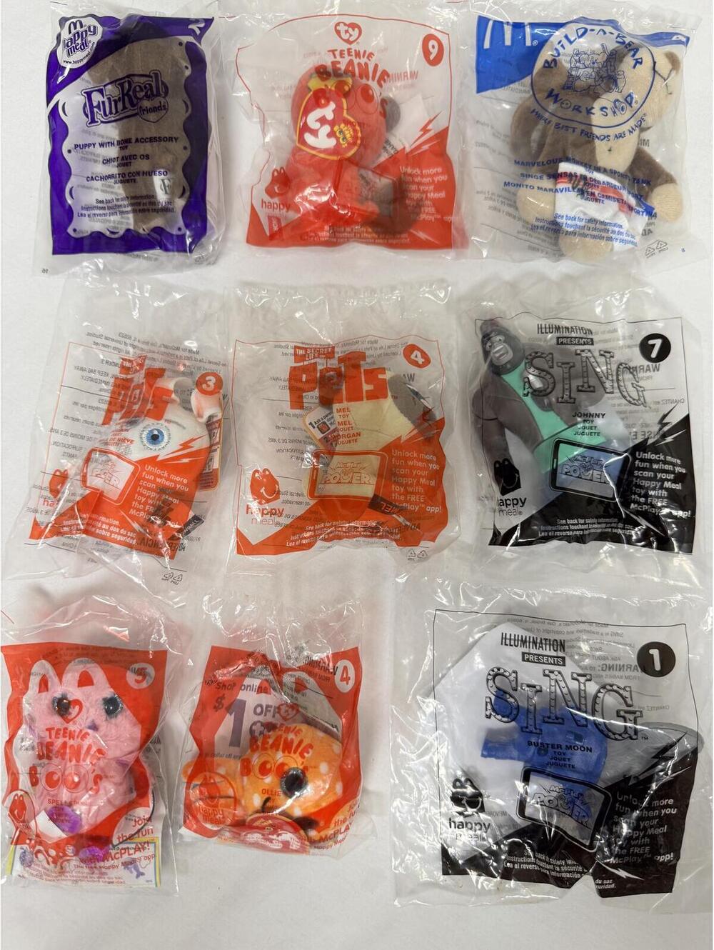 Lot of 9 Sealed McDonald’s Happy Meal Plush Toys TY Beanies, Sing, Build A Bear